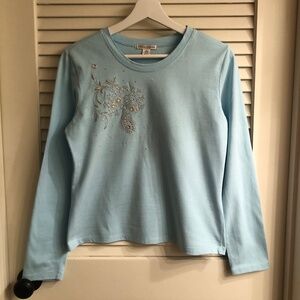 Light Blue Long Sleeve T-Shirt with Silver Embellishment  Women's Size Med